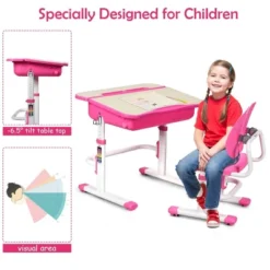 Costway Adjustable Children Study Desk Chair Set W/Winged Backrest Pink -Kids Home Store GUEST 13352c01 b0d5 4b09 8440 c81e168f66c0