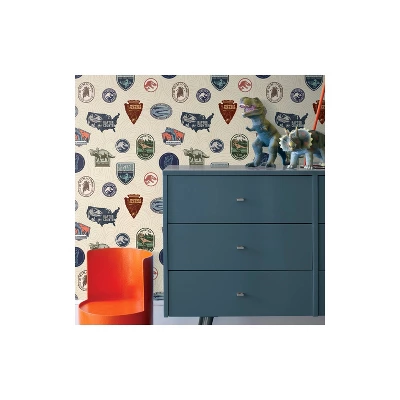 Jurassic World Badges Peel & Stick Wallpaper Beige - RoomMates 2 Jurassic World Badges Peel & Stick Wallpaper Beige - RoomMates - Image 2