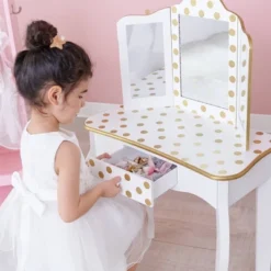 Fashion Polka Dot Gisele Play Vanity Set With Led Mirror White/Gold - Teamson Kids -Kids Home Store GUEST 1d8d35a1 1982 42c4 a223 b6ce266208ff