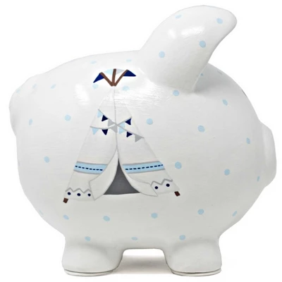 Bank Blue Bohemian Piggy Bank - One Piggy Bank 7.5 Inches - Arrows Tent Tepee - 36911 - Ceramic - White 1 Bank Blue Bohemian Piggy Bank - One Piggy Bank 7.5 Inches - Arrows Tent Tepee - 36911 - Ceramic - White