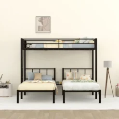 Twin Over Twin Metal Triple Bunk Bed With Ladder, Black-ModernLuxe