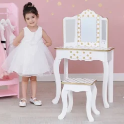 Fashion Polka Dot Gisele Play Vanity Set With Led Mirror White/Gold - Teamson Kids -Kids Home Store GUEST 47d4c37d 94d8 4596 b31a 9cc32422096d