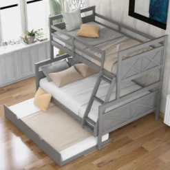 Twin Over Full Bunk Bed With Twin Size Trundle Bed, Ladder And Guardrail-ModernLuxe -Kids Home Store GUEST 667ac71c 75b9 4b52 8867 6e59fef11d53
