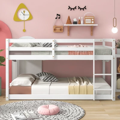 Twin Over Twin Floor Bunk Bed With Ladder And Safety Guardrail-ModernLuxe 1 Twin Over Twin Floor Bunk Bed With Ladder And Safety Guardrail-ModernLuxe