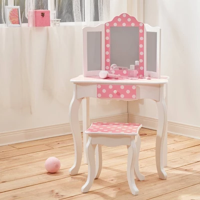 Polka Dot Fashion Prints Vanity Table & Stool Set Pink - Teamson Kids 3 Polka Dot Fashion Prints Vanity Table & Stool Set Pink - Teamson Kids - Image 3