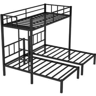 Twin Over Twin Metal Triple Bunk Bed With Ladder, Black-ModernLuxe 11 Twin Over Twin Metal Triple Bunk Bed With Ladder, Black-ModernLuxe - Image 11