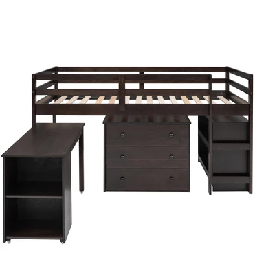 Low Twin Loft Bed With Cabinet And Rolling Portable Desk - ModernLuxe 1 Low Twin Loft Bed With Cabinet And Rolling Portable Desk - ModernLuxe