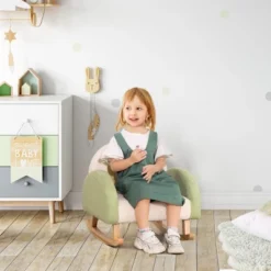 Qaba Kids Sofa, Rocking Toddler Sofa Chair With Solid Wooden Frame, Faux Lamb Fleece Fabric For Nursery, Kindergarten, Playroom, Bedroom